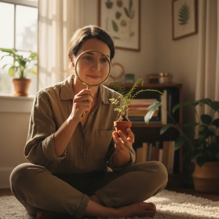 Person practicing mindful observation with a magnifying glass on a plant