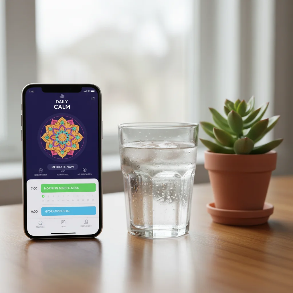 Smartphone showing meditation app and calendar, alongside a glass of water and a plant, representing mindful planning.