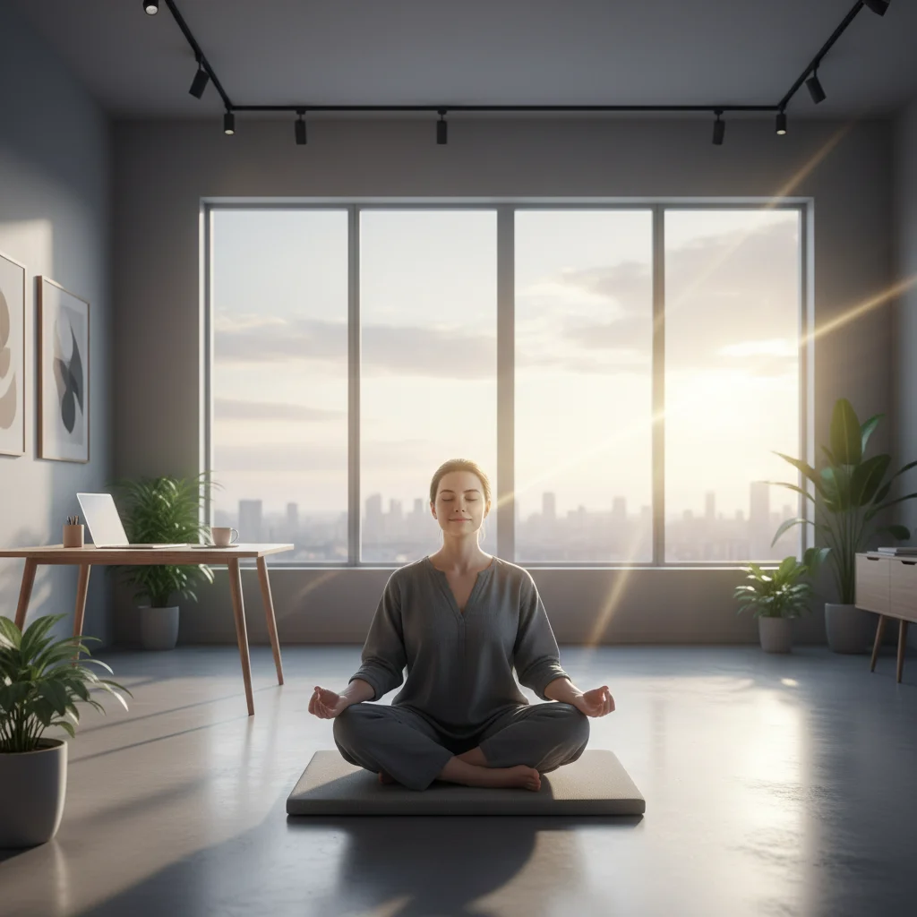 Person meditating in a modern office, symbolizing mindfulness for enhanced creativity and focus.