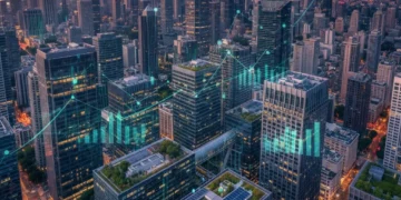 Modern city skyline with green infrastructure, symbolizing business climate adaptation strategies