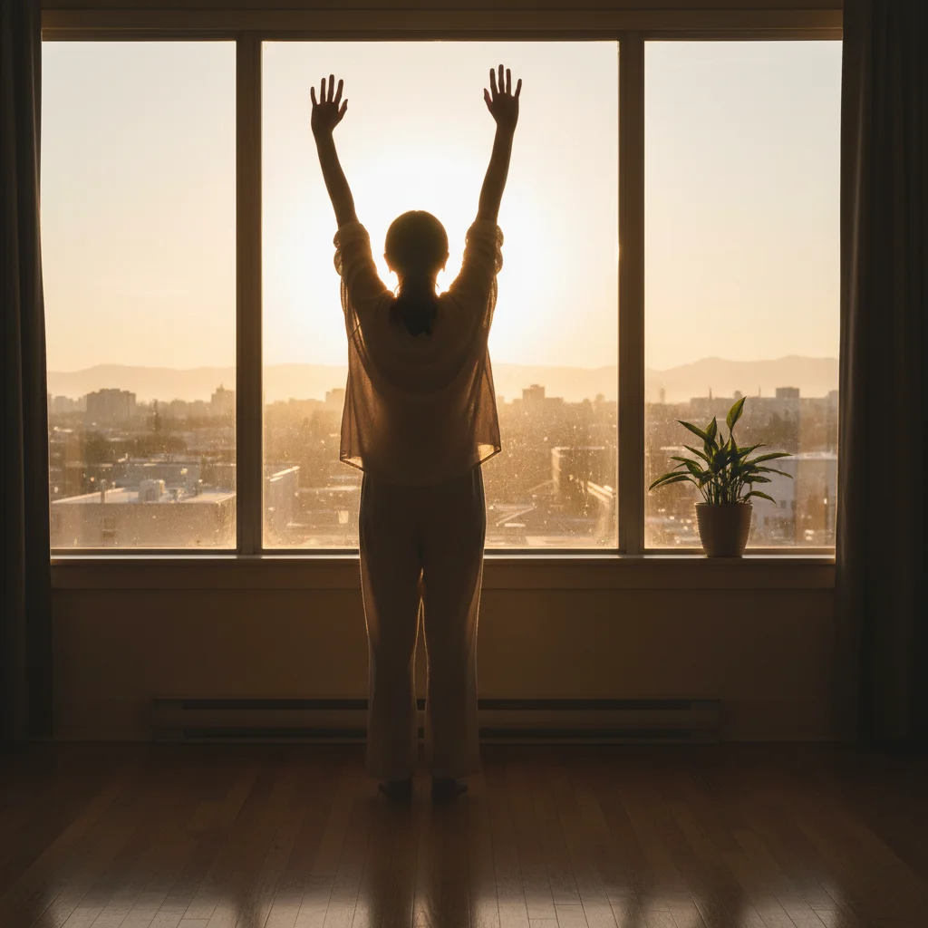 Person stretching gently by a window, silhouetted by the rising sun, symbolizing morning movement.