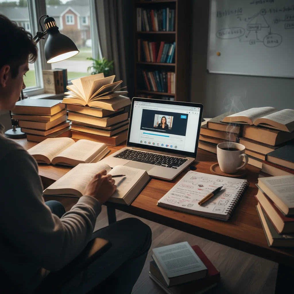 Individual studying at a home desk with books and a laptop, emphasizing accessible online learning.