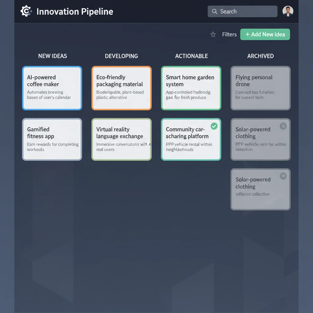 Digital dashboard showing categorized ideas in an idea inbox