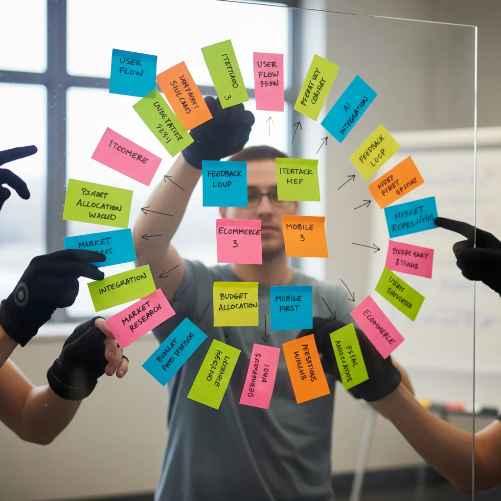 Hands organizing colorful sticky notes with ideas on a glass board during a brainstorming session.