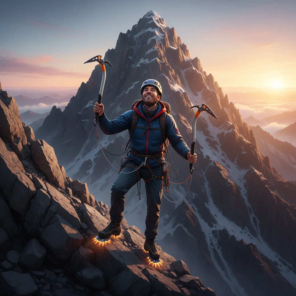 Person confidently climbing a mountain, symbolizing overcoming challenges with a positive mindset.