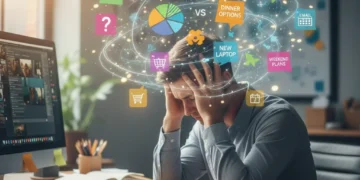 Overwhelmed person dealing with multiple choices and decision fatigue