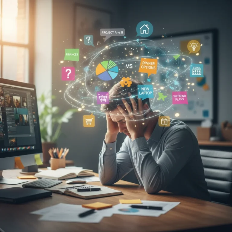 Overwhelmed person dealing with multiple choices and decision fatigue
