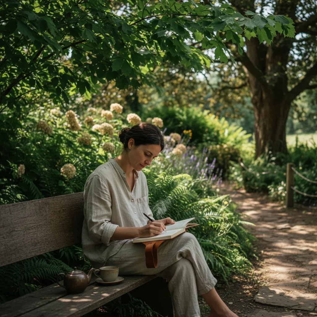 Person journaling in a peaceful park, reflecting on personal growth.
