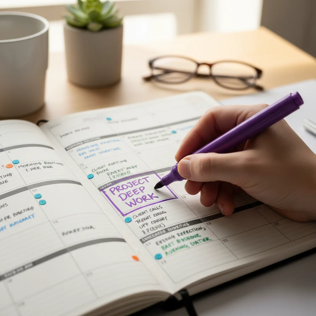 Hand highlighting a time block in a physical planner, illustrating focused task allocation.