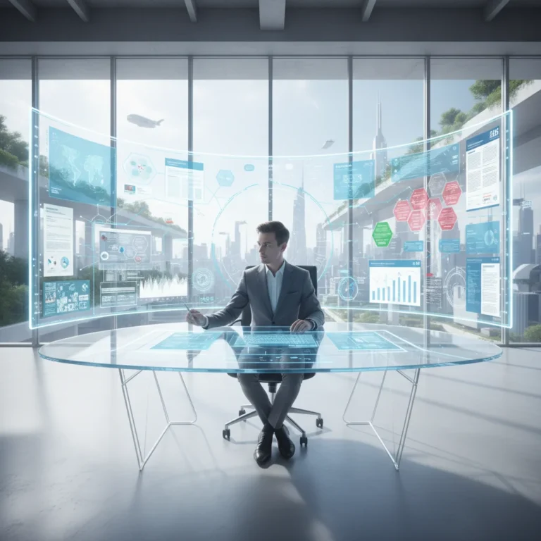 Futuristic desk setup with digital knowledge management system