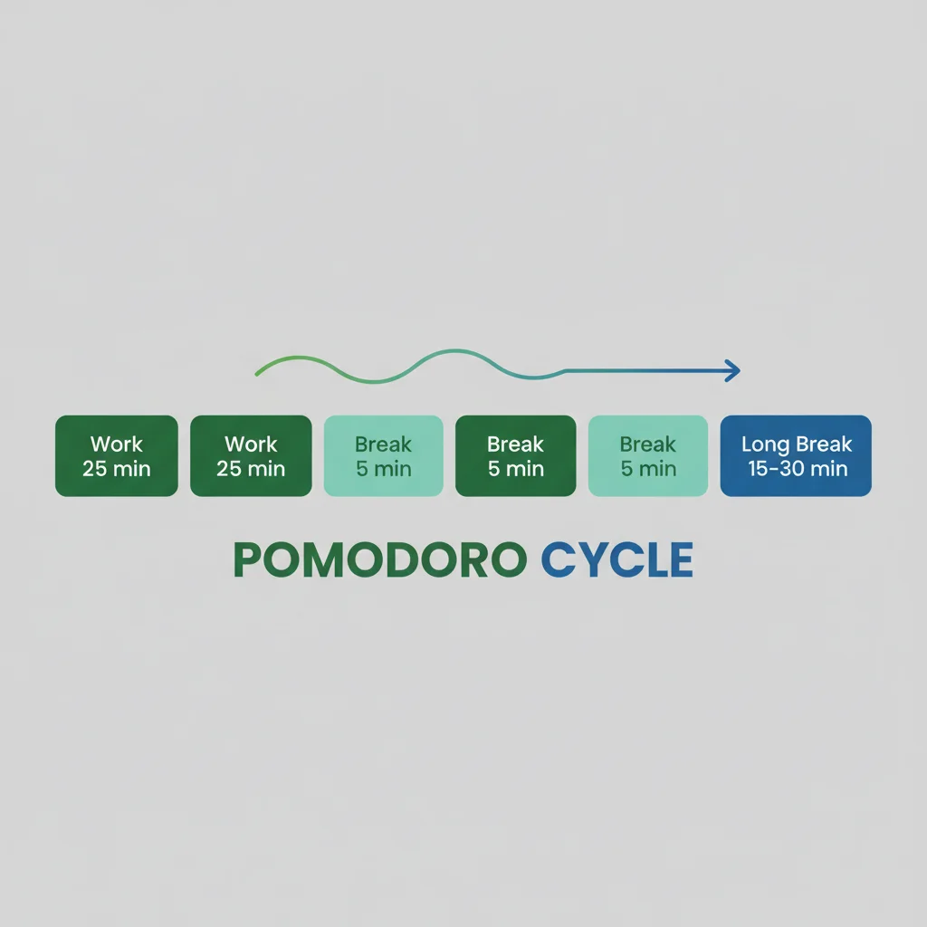 Infographic illustrating the Pomodoro cycle: work, short break, work, short break, long break pattern.