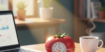 Master the Pomodoro Technique: Boost Focus & Productivity Red Pomodoro timer on a desk with laptop and coffee, symbolizing productivity and time management.