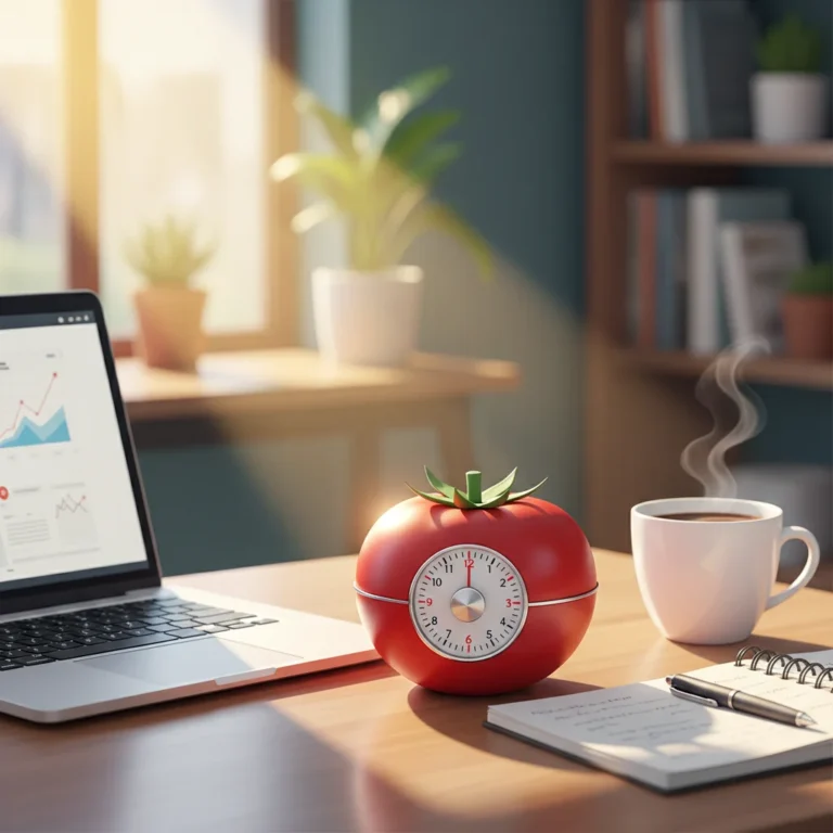 Red Pomodoro timer on a desk with laptop and coffee, symbolizing productivity and time management.
