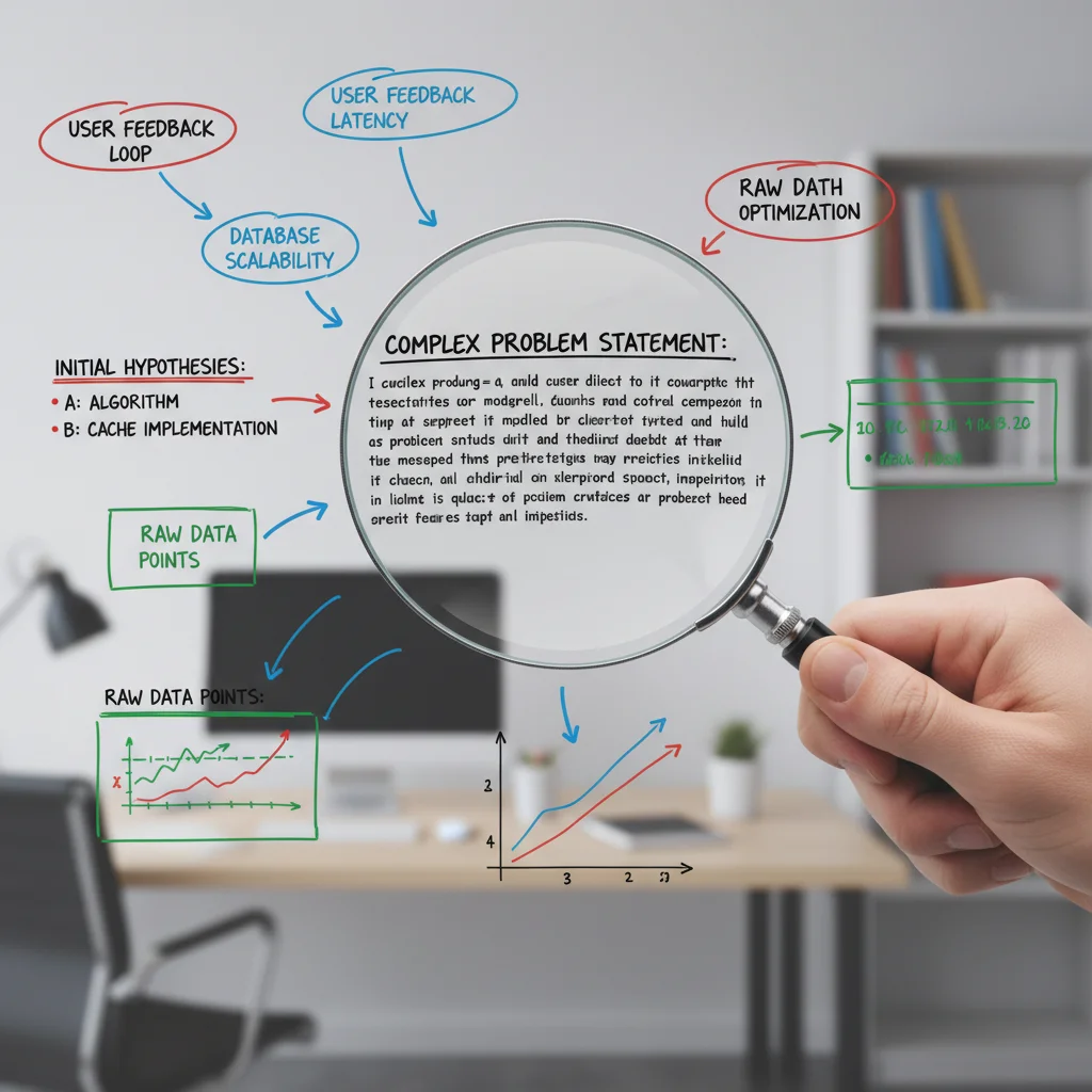 Defining a complex problem with a magnifying glass and data on a whiteboard.