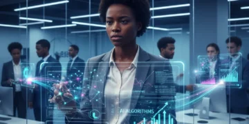 Professional contemplating AI data on a holographic screen in a modern office setting.