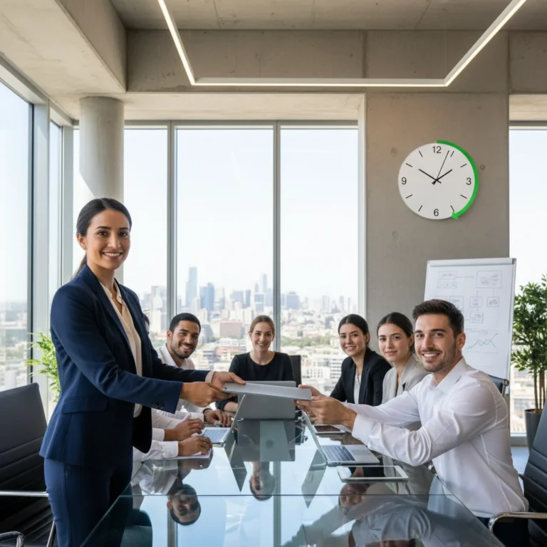 Professional woman delegating tasks to a team member in an office setting, symbolizing efficient workflow.