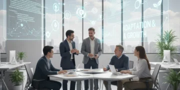 Mastering Adaptability: 5 Core Skills for Sustained Growth in the Next 12 Months Professionals adapting to change and collaborating effectively