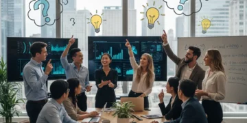 Uncertainty to Discovery: The 'Why Not?' Approach in the US Professionals brainstorming, embracing uncertainty for new ideas in a US city.