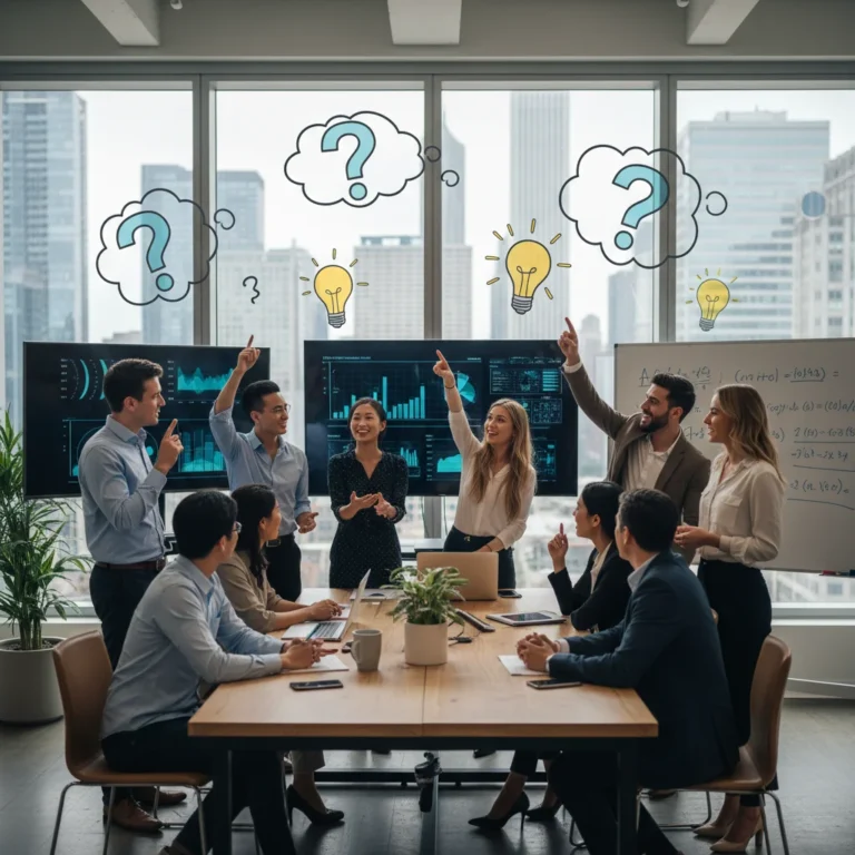 Professionals brainstorming, embracing uncertainty for new ideas in a US city.