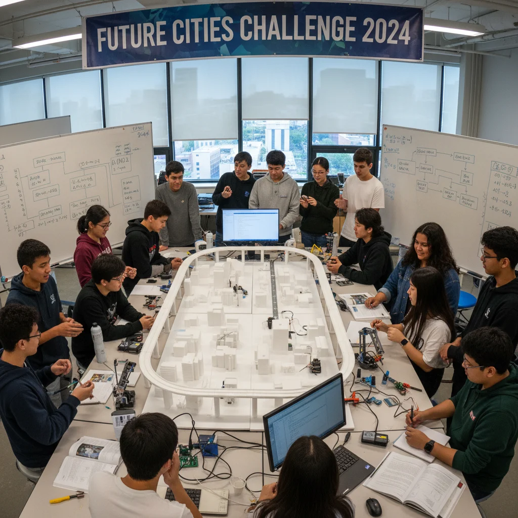 High school students collaborating on a complex project, showcasing interdisciplinary and project-based learning.