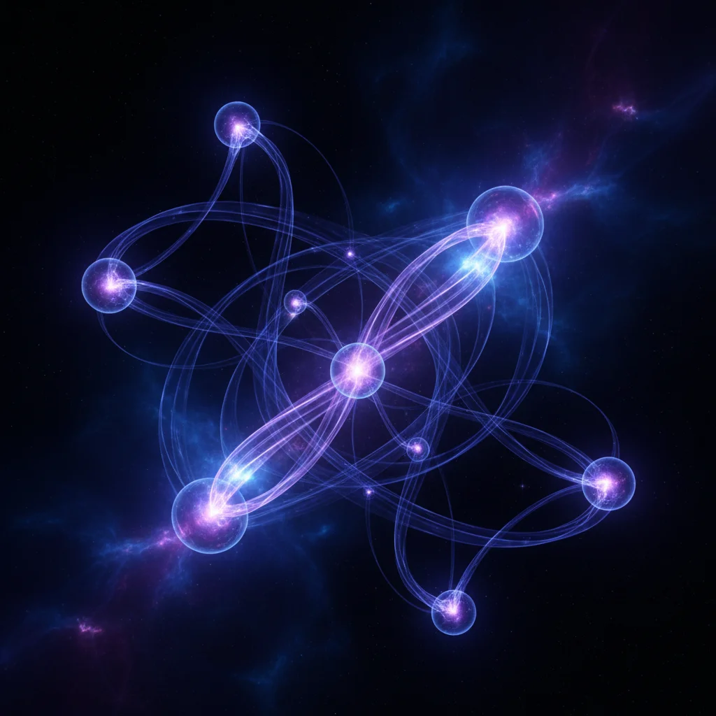 Abstract visual representation of quantum computing with entangled qubits.