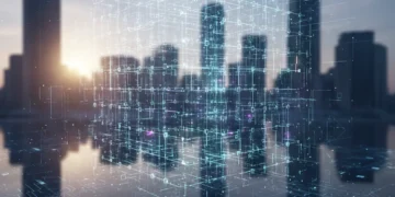 Quantum Computing 2026: U.S. Business Readiness & Impact Assessment Quantum computing network over U.S. cityscape, symbolizing future business integration and technological advancement.