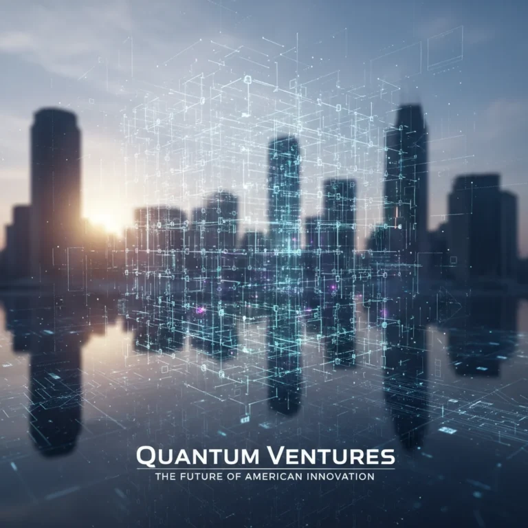 Quantum computing network over U.S. cityscape, symbolizing future business integration and technological advancement.