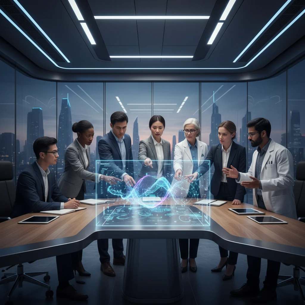 Business leaders and scientists collaborating on quantum data visualizations, symbolizing strategic quantum planning.
