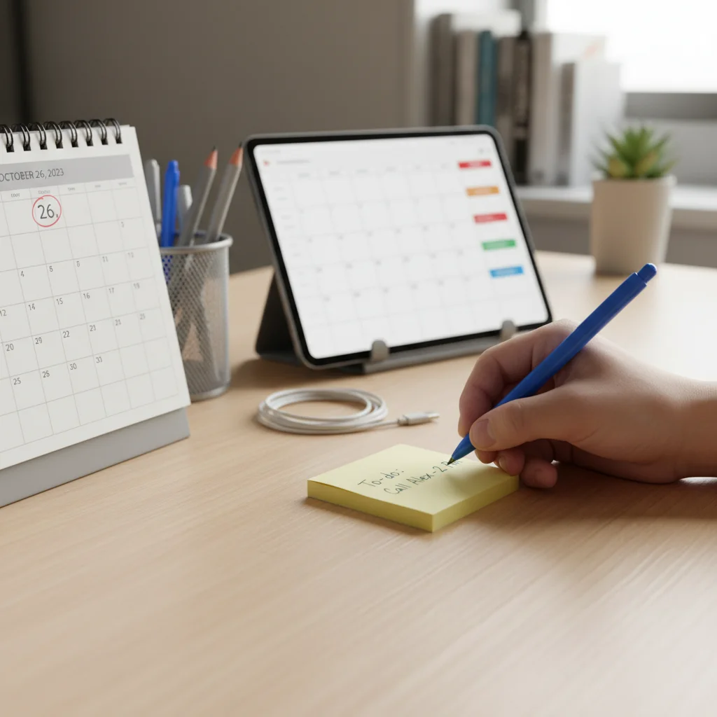 Hand writing quick note on sticky pad, demonstrating immediate task completion