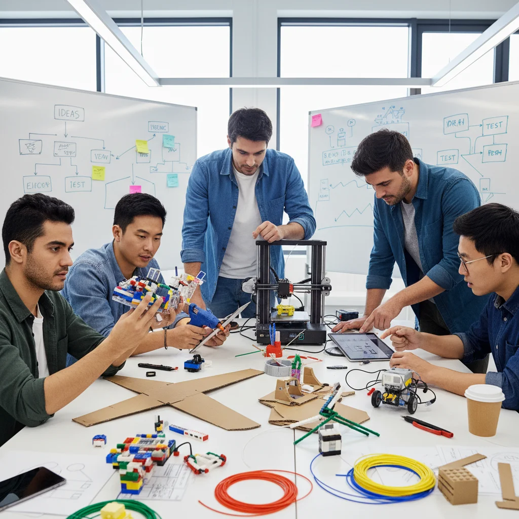 Team members actively engaged in rapid prototyping and experimentation
