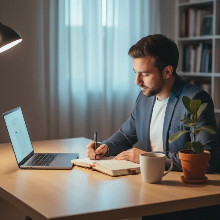 Person reflecting on weekly self-assessment in a calm setting