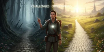Unlock 15% More Productivity: The Power of Reframing Challenges Person contemplating two paths, dark and bright, symbolizing reframing challenges for productivity.