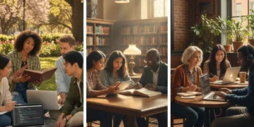 Revitalize Intellectual Curiosity: A 4-Week US Plan Diverse individuals engaged in intellectual pursuits across various US locations, symbolizing revived curiosity.