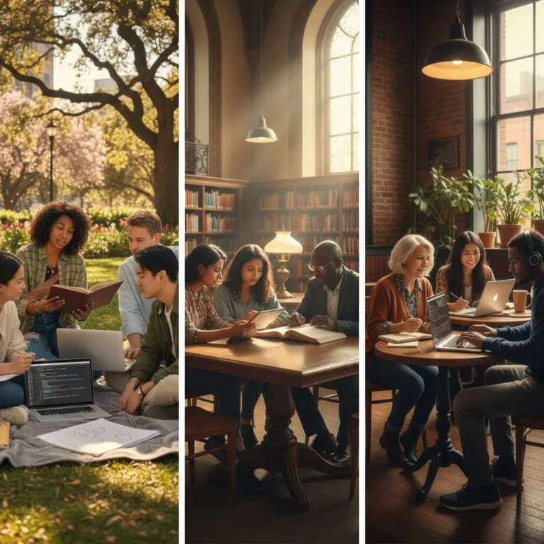 Diverse individuals engaged in intellectual pursuits across various US locations, symbolizing revived curiosity.