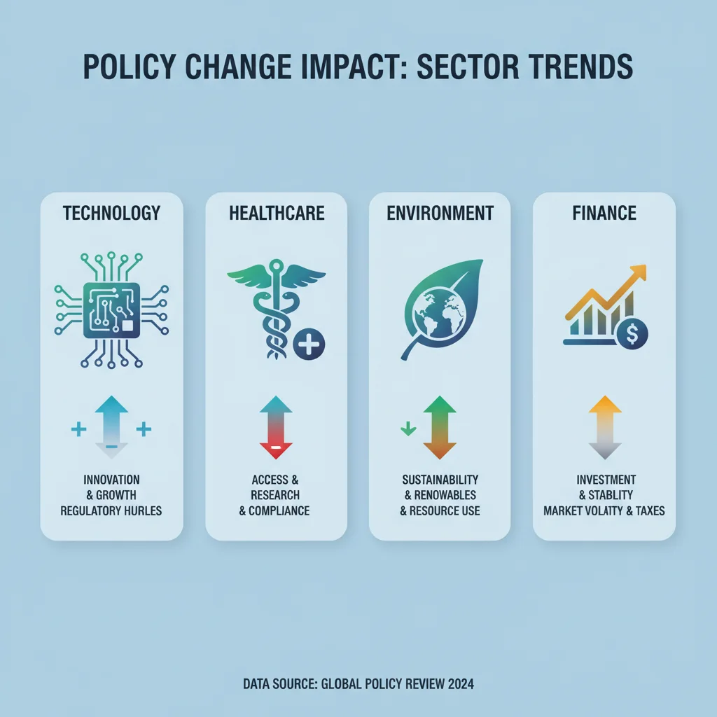 Infographic showing sector-specific impacts of U.S. policy changes on technology, healthcare, environment, and finance.