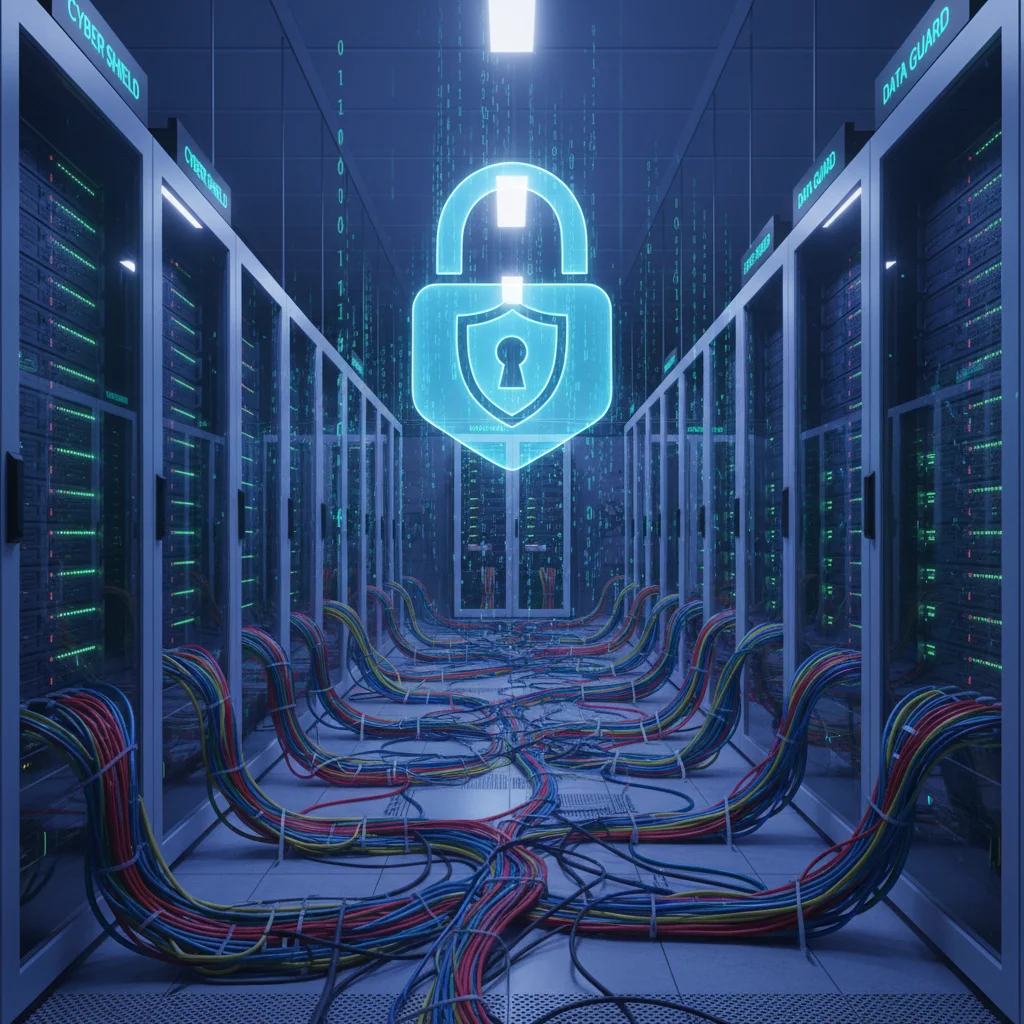Secure data center with glowing servers, representing advanced cybersecurity infrastructure.