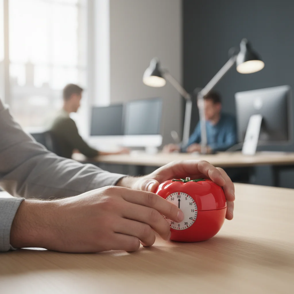Hands setting a tomato timer for a focused work session.