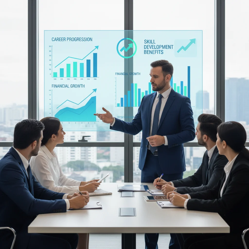 Professional presenting career growth data, symbolizing the financial benefits of skill development.
