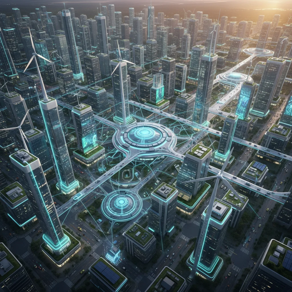 Smart city infrastructure showing interconnected devices, autonomous vehicles, and renewable energy, illustrating smart urban development.