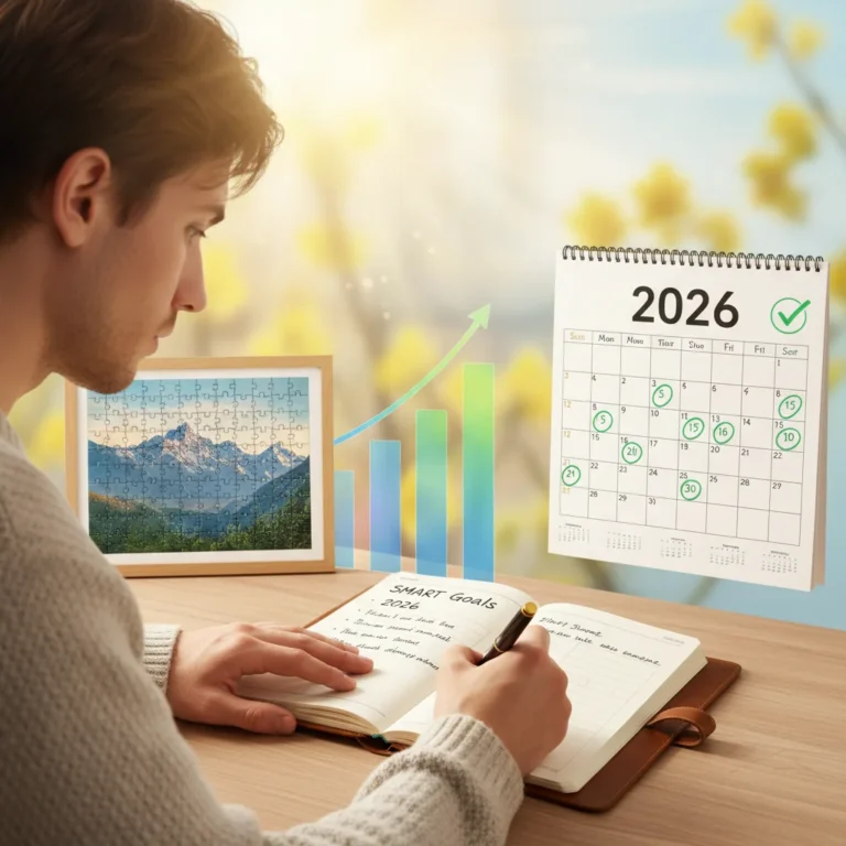 Person writing SMART goals in a planner for 2026 success