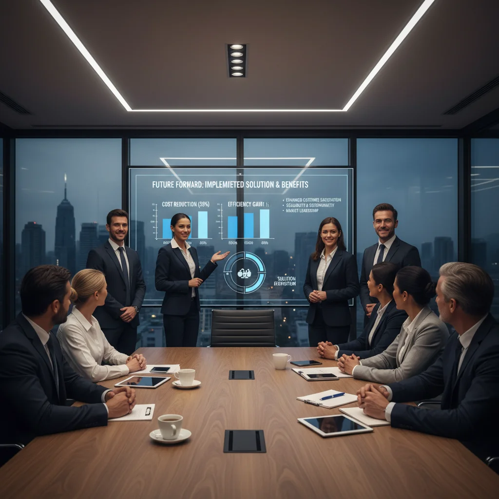 Professionals presenting a successful solution to stakeholders in a conference room.