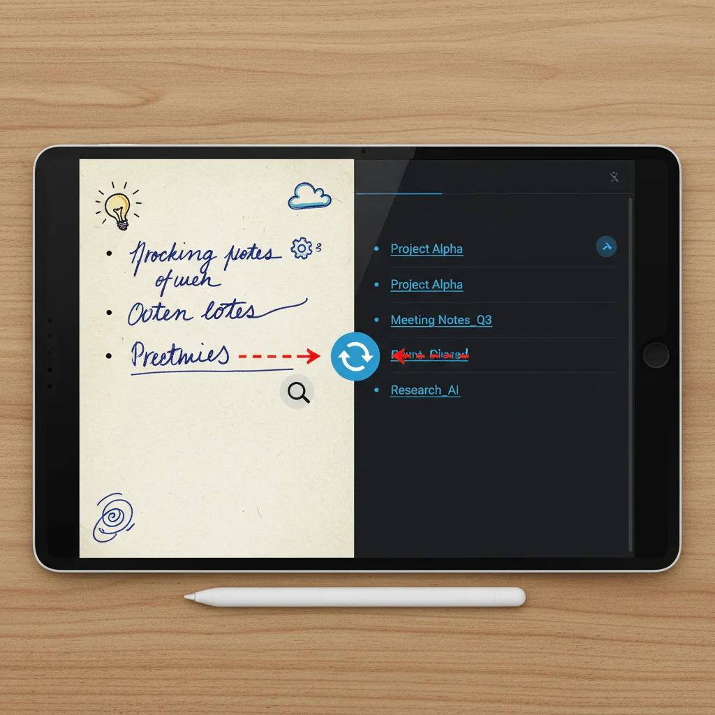Tablet displaying split-screen digital notes, handwritten and typed