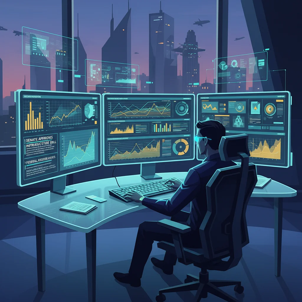 Person analyzing economic indicators and legislative updates on multiple screens, representing strategic adaptation to policy changes.