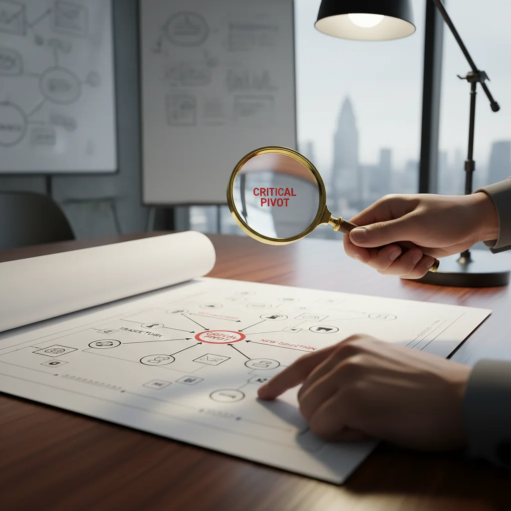 Person examining strategic plan, magnifying glass on pivot point, small shift, big impact.