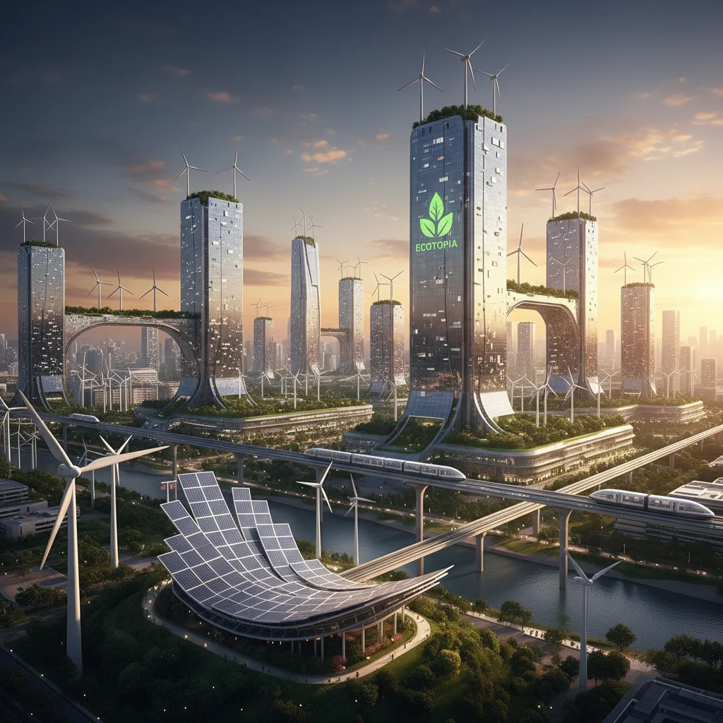 Sustainable cityscape with wind turbines and solar panels at sunset.