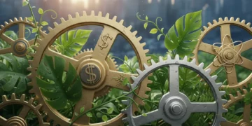 Interconnected gears and green leaves symbolizing sustainable business growth and environmental synergy.