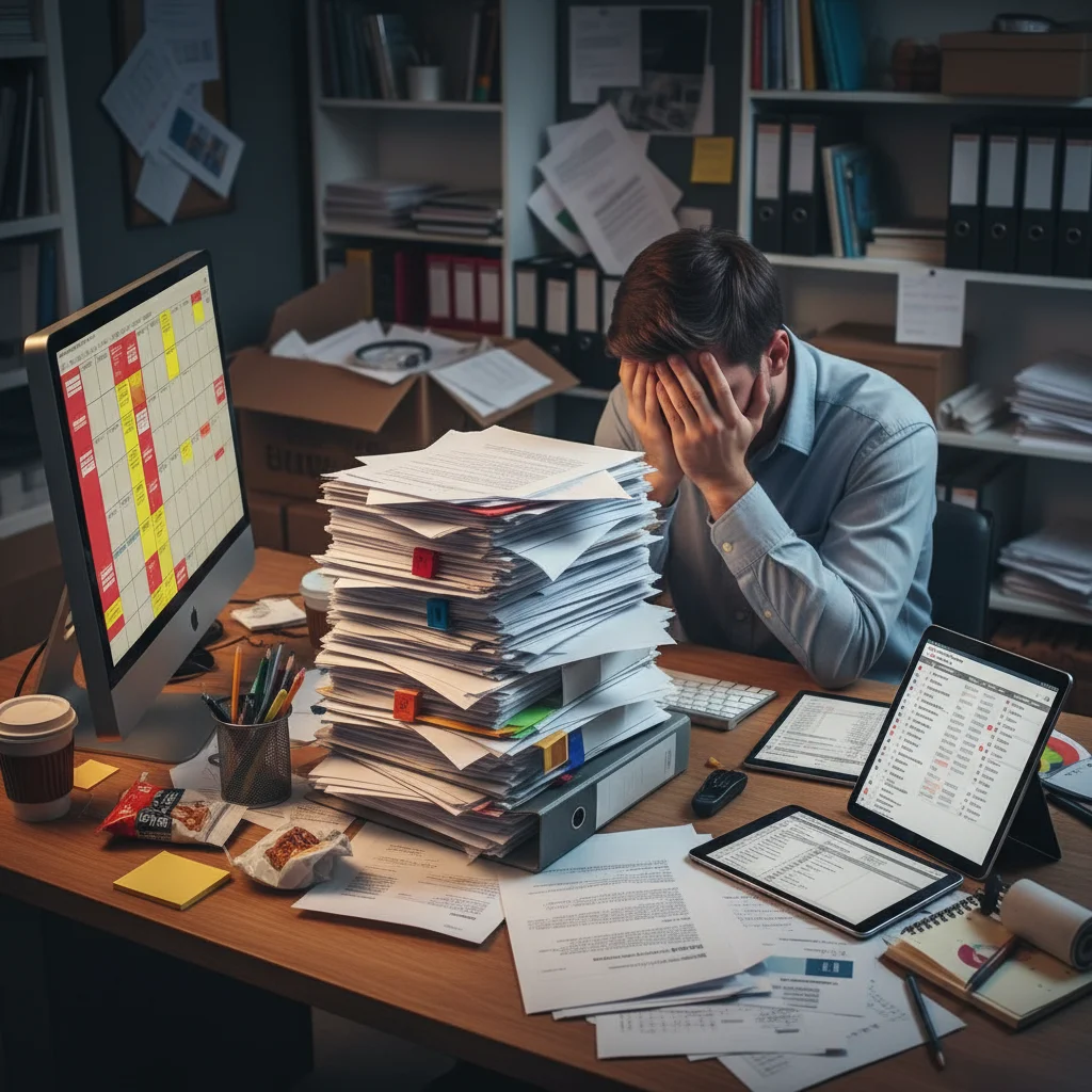 Overwhelmed person struggling with task overload and poor time management