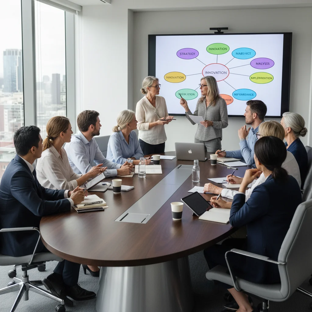 Diverse team collaborating around a conference table, refining ideas from a digital mind map.