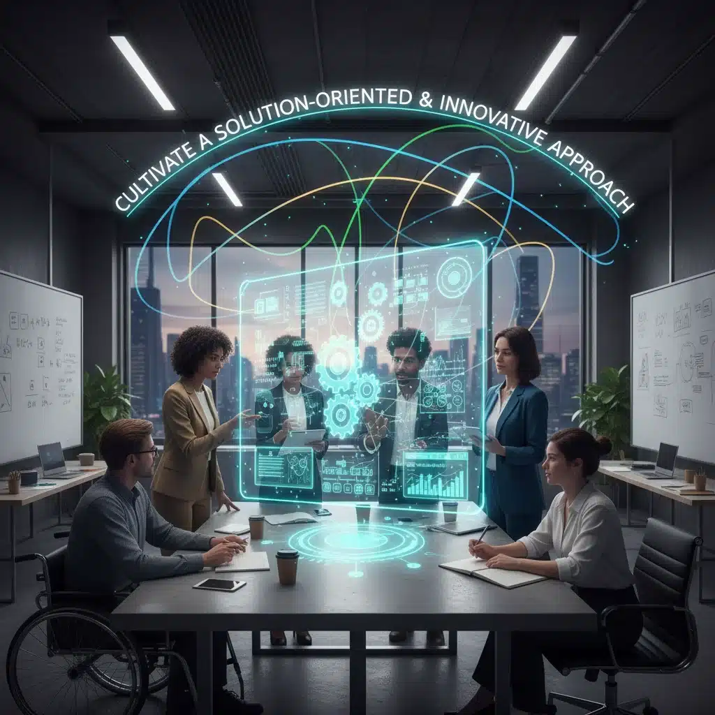 Diverse team collaborating around a holographic projection, symbolizing innovative problem-solving