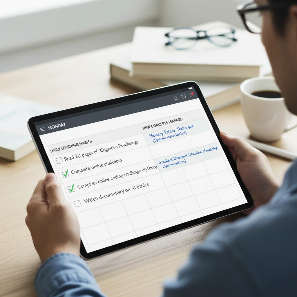 Individual tracking learning progress in a digital planner, highlighting organization and accountability.